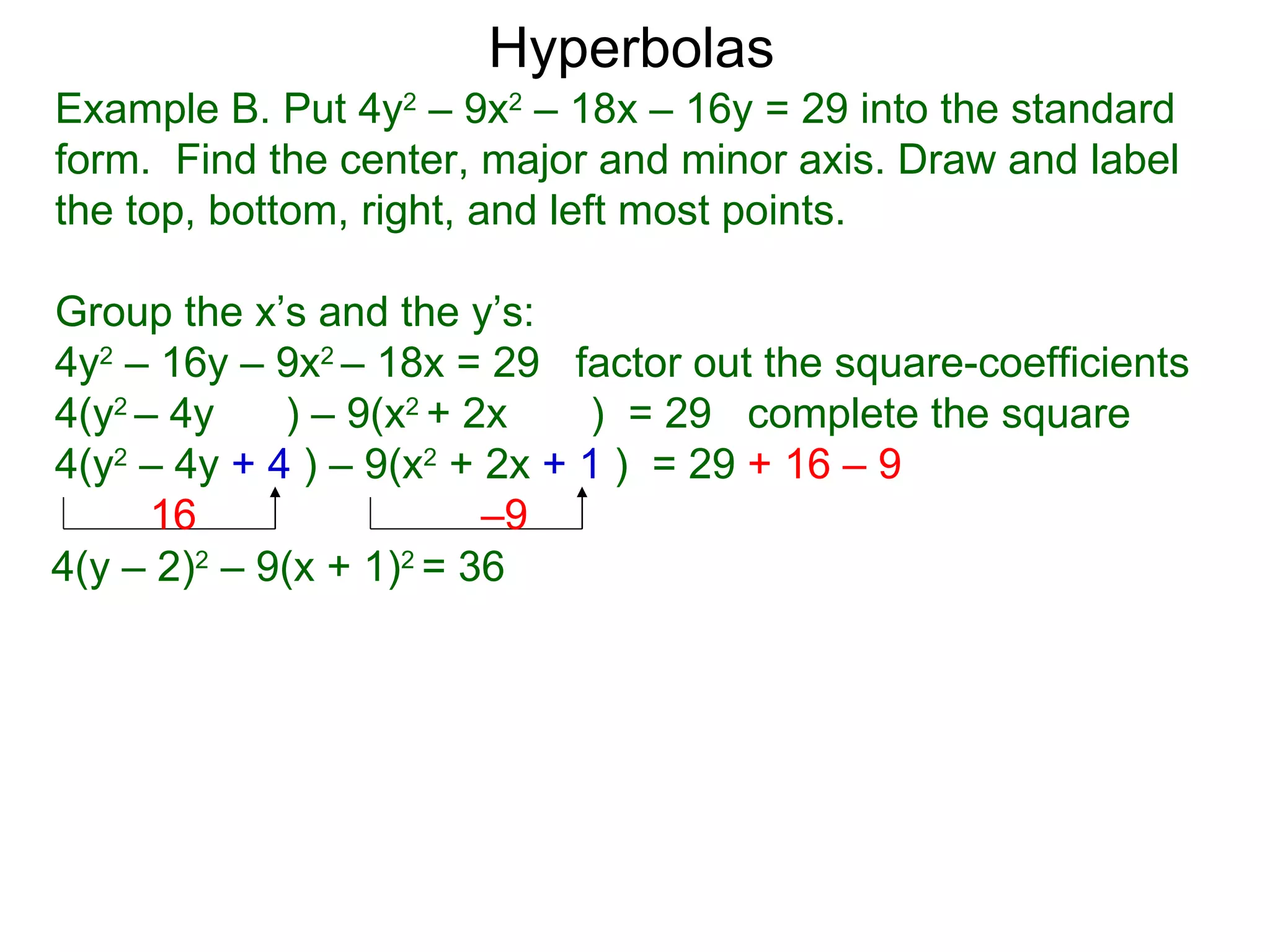Hyperbolas
Example B. Put 4y2 &ndash; 9x2 &ndash; 18x &ndash; 16y = 29 into the standard
form. Find the center, major and minor axis. Draw and label
the top, bottom, right, and left most points.

Group the x&rsquo;s and the y&rsquo;s:
4y2 &ndash; 16y &ndash; 9x2 &ndash; 18x = 29 factor out the square-coefficients
4(y2 &ndash; 4y    ) &ndash; 9(x2 + 2x    ) = 29 complete the square
4(y2 &ndash; 4y + 4 ) &ndash; 9(x2 + 2x + 1 ) = 29 + 16 &ndash; 9
      16                 &ndash;9
4(y &ndash; 2)2 &ndash; 9(x + 1)2 = 36
 