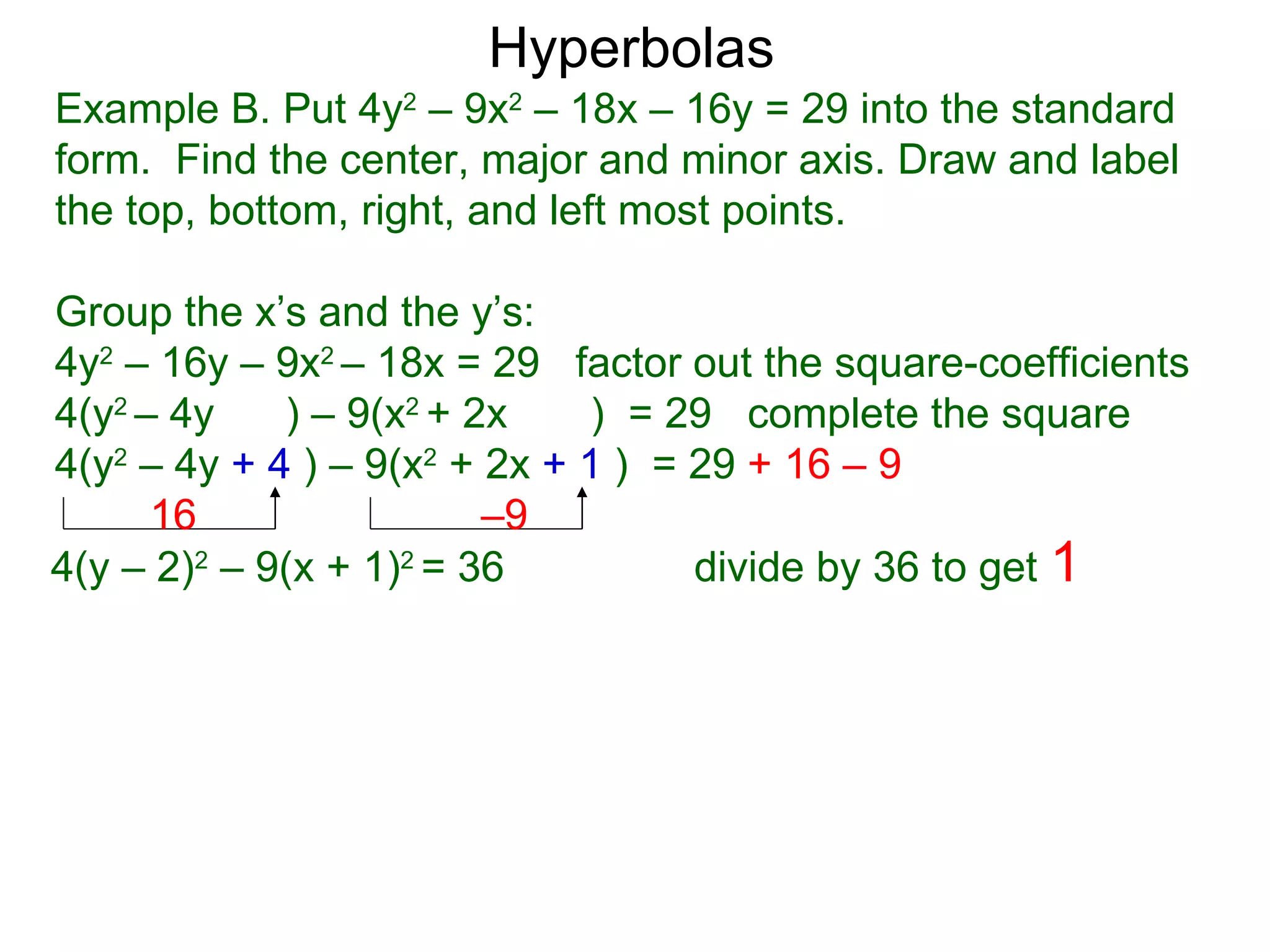 Hyperbolas
Example B. Put 4y2 &ndash; 9x2 &ndash; 18x &ndash; 16y = 29 into the standard
form. Find the center, major and minor axis. Draw and label
the top, bottom, right, and left most points.

Group the x&rsquo;s and the y&rsquo;s:
4y2 &ndash; 16y &ndash; 9x2 &ndash; 18x = 29 factor out the square-coefficients
4(y2 &ndash; 4y    ) &ndash; 9(x2 + 2x    ) = 29 complete the square
4(y2 &ndash; 4y + 4 ) &ndash; 9(x2 + 2x + 1 ) = 29 + 16 &ndash; 9
      16                 &ndash;9
4(y &ndash; 2)2 &ndash; 9(x + 1)2 = 36          divide by 36 to get 1
 
