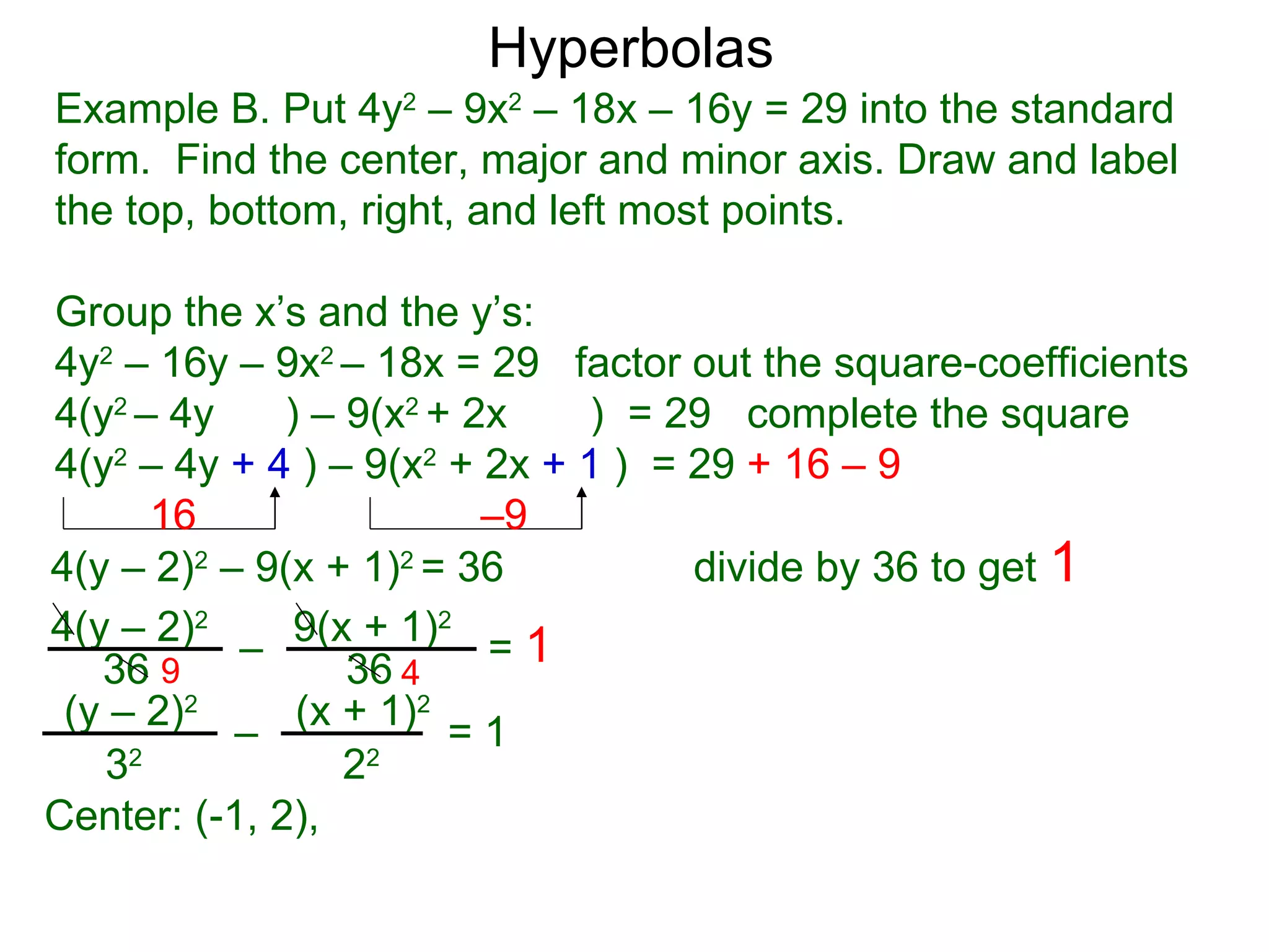 Hyperbolas
Example B. Put 4y2 &ndash; 9x2 &ndash; 18x &ndash; 16y = 29 into the standard
form. Find the center, major and minor axis. Draw and label
the top, bottom, right, and left most points.

Group the x&rsquo;s and the y&rsquo;s:
4y2 &ndash; 16y &ndash; 9x2 &ndash; 18x = 29 factor out the square-coefficients
4(y2 &ndash; 4y     ) &ndash; 9(x2 + 2x   ) = 29 complete the square
4(y2 &ndash; 4y + 4 ) &ndash; 9(x2 + 2x + 1 ) = 29 + 16 &ndash; 9
      16                  &ndash;9
4(y &ndash; 2)2 &ndash; 9(x + 1)2 = 36          divide by 36 to get 1
4(y &ndash; 2)2 &ndash; 9(x + 1)2 = 1
   36 9           36 4
 (y &ndash; 2)2 &ndash; (x + 1)2 = 1
   32             22
Center: (-1, 2),
 
