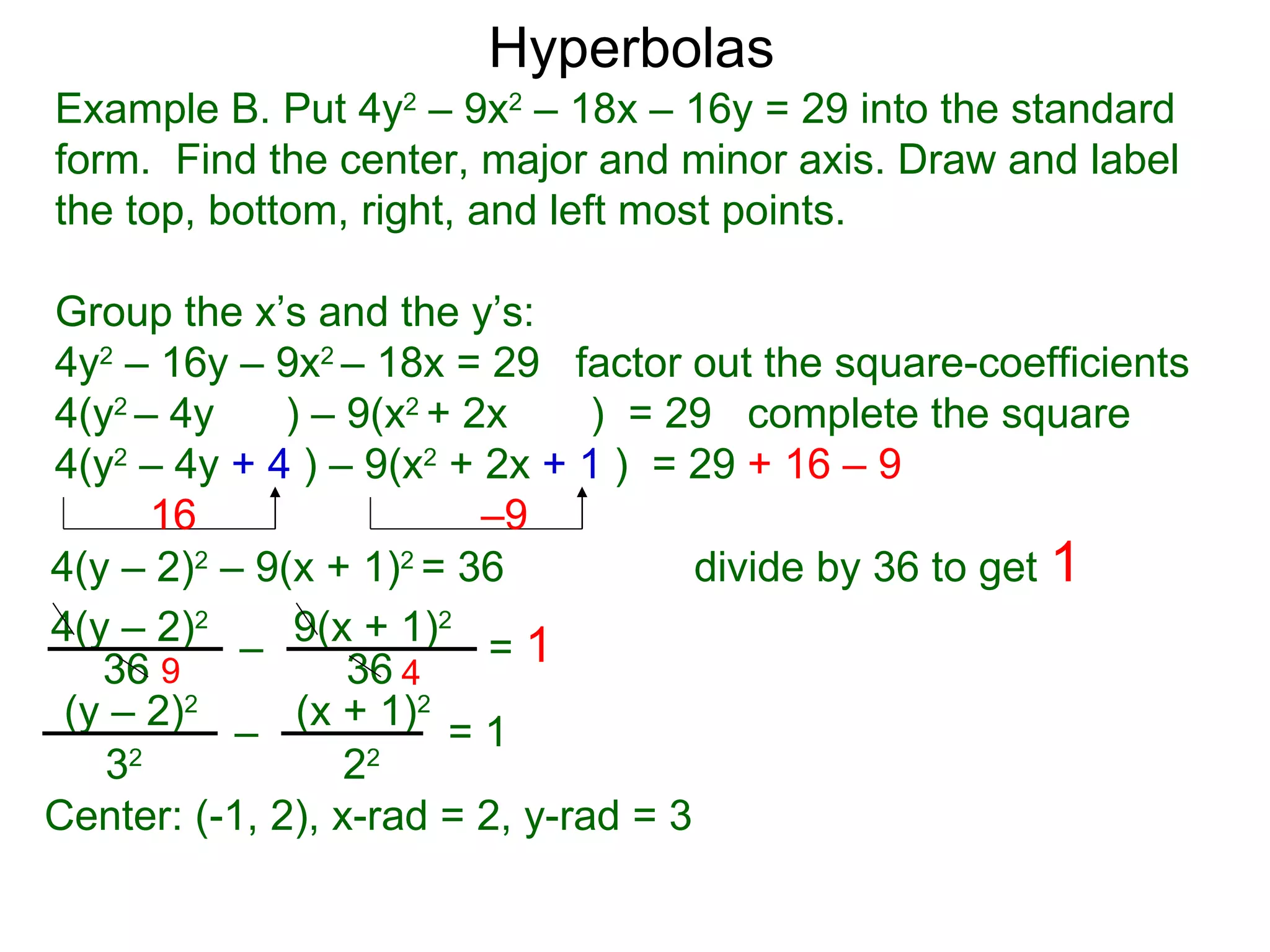 Hyperbolas
Example B. Put 4y2 &ndash; 9x2 &ndash; 18x &ndash; 16y = 29 into the standard
form. Find the center, major and minor axis. Draw and label
the top, bottom, right, and left most points.

Group the x&rsquo;s and the y&rsquo;s:
4y2 &ndash; 16y &ndash; 9x2 &ndash; 18x = 29 factor out the square-coefficients
4(y2 &ndash; 4y     ) &ndash; 9(x2 + 2x     ) = 29 complete the square
4(y2 &ndash; 4y + 4 ) &ndash; 9(x2 + 2x + 1 ) = 29 + 16 &ndash; 9
      16                  &ndash;9
4(y &ndash; 2)2 &ndash; 9(x + 1)2 = 36            divide by 36 to get 1
4(y &ndash; 2)2 &ndash; 9(x + 1)2 = 1
   36 9           36 4
 (y &ndash; 2)2 &ndash; (x + 1)2 = 1
   32             22
Center: (-1, 2), x-rad = 2, y-rad = 3
 