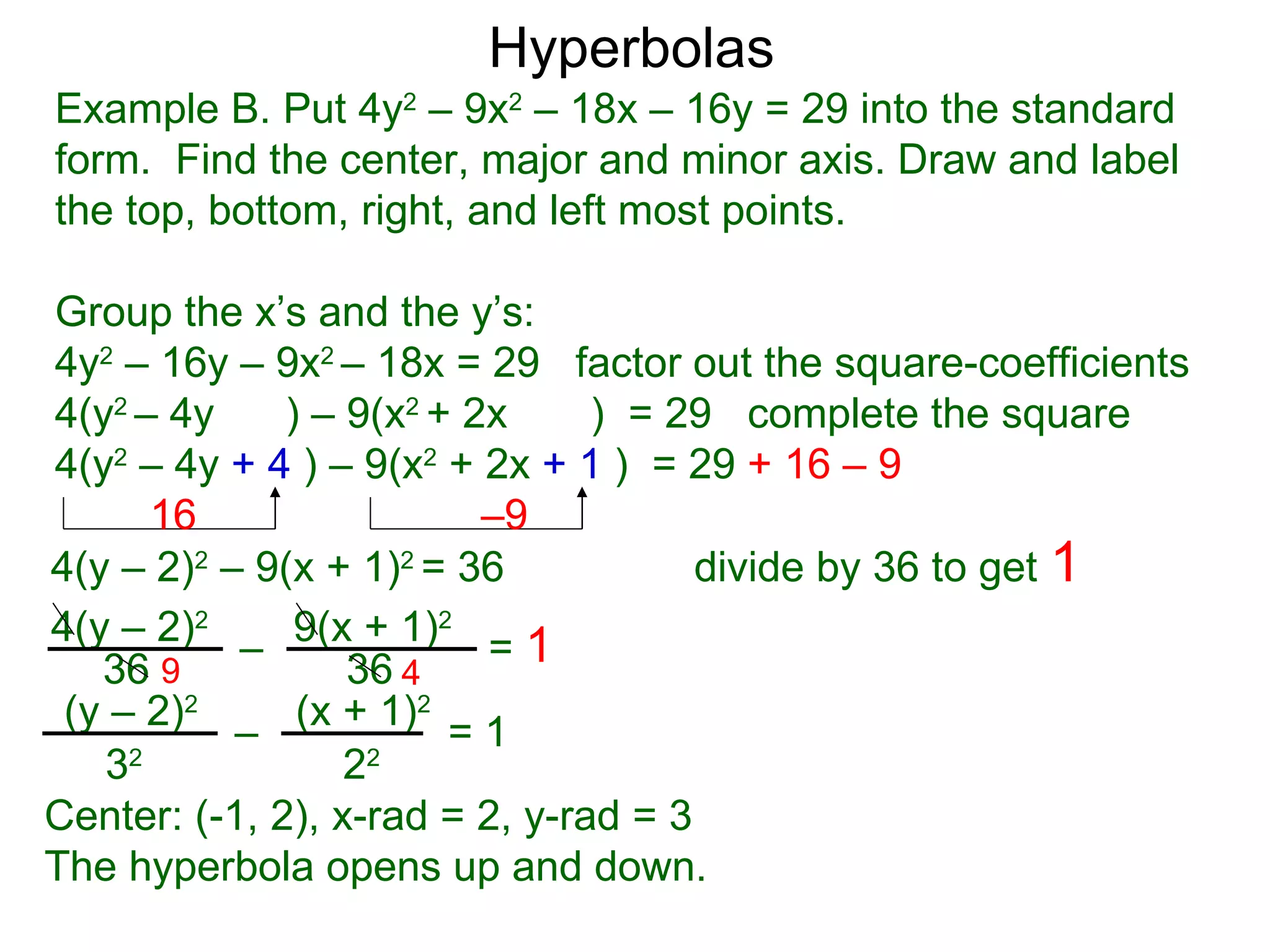 Hyperbolas
Example B. Put 4y2 &ndash; 9x2 &ndash; 18x &ndash; 16y = 29 into the standard
form. Find the center, major and minor axis. Draw and label
the top, bottom, right, and left most points.

Group the x&rsquo;s and the y&rsquo;s:
4y2 &ndash; 16y &ndash; 9x2 &ndash; 18x = 29 factor out the square-coefficients
4(y2 &ndash; 4y     ) &ndash; 9(x2 + 2x     ) = 29 complete the square
4(y2 &ndash; 4y + 4 ) &ndash; 9(x2 + 2x + 1 ) = 29 + 16 &ndash; 9
      16                  &ndash;9
4(y &ndash; 2)2 &ndash; 9(x + 1)2 = 36            divide by 36 to get 1
4(y &ndash; 2)2 &ndash; 9(x + 1)2 = 1
   36 9           36 4
 (y &ndash; 2)2 &ndash; (x + 1)2 = 1
   32             22
Center: (-1, 2), x-rad = 2, y-rad = 3
The hyperbola opens up and down.
 