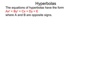 Hyperbolas
The equations of hyperbolas have the form
Ax2 + By2 + Cx + Dy = E
where A and B are opposite signs.
 