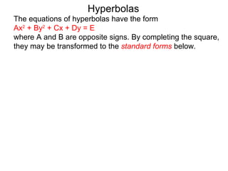 Hyperbolas
The equations of hyperbolas have the form
Ax2 + By2 + Cx + Dy = E
where A and B are opposite signs. By completing the square,
they may be transformed to the standard forms below.
 