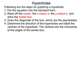 Hyperbolas
Following are the steps for graphing a hyperbola.
1. Put the equation into the standard form.
2. Read off the center, the x-radius a, the y-radius b, and
   draw the center-box.
3. Draw the diagonals of the box, which are the asymptotes.
4. Determine the direction of the hyperbolas and label the
   vertices of the hyperbola. The vertices are the mid-points
   of the edges of the center-box.
 