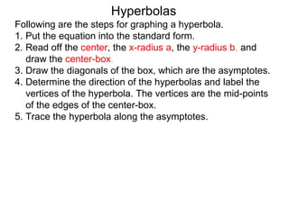 Hyperbolas
Following are the steps for graphing a hyperbola.
1. Put the equation into the standard form.
2. Read off the center, the x-radius a, the y-radius b, and
   draw the center-box.
3. Draw the diagonals of the box, which are the asymptotes.
4. Determine the direction of the hyperbolas and label the
   vertices of the hyperbola. The vertices are the mid-points
   of the edges of the center-box.
5. Trace the hyperbola along the asymptotes.
 