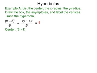 Hyperbolas
Example A. List the center, the x-radius, the y-radius.
Draw the box, the asymptotes, and label the vertices.
Trace the hyperbola.
(x – 3)2     (y + 1)2
         –            =1
   42
                22

Center: (3, -1)
 