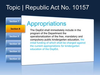 Section 12
Section 11
Section 10
Section 9
Section 7
Section 8
Appropriations
The DepEd shall immediately include in the
program of the Department the
operationalization of the free, mandatory and
compulsory public kindergarten education, the
initial funding of which shall be charged against
the current appropriations for kindergarten
education of the DepEd.
Topic | Republic Act No. 10157
 