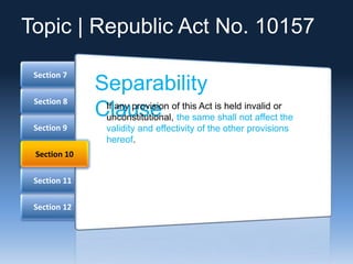 Section 12
Section 11
Section 9
Section 8
Section 7
Section 10
Separability
ClauseIf any provision of this Act is held invalid or
unconstitutional, the same shall not affect the
validity and effectivity of the other provisions
hereof.
Topic | Republic Act No. 10157
 