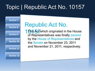Section 12
Section 11
Section 10
Section 9
Section 8
Section 7
Republic Act No.
10157This Act which originated in the House
of Representatives was finally passed
by the House of Representatives and
the Senate on November 23, 2011
and November 21, 2011, respectively.
Topic | Republic Act No. 10157
 