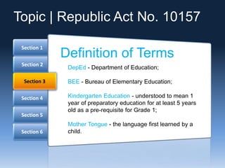 Section 6
Section 5
Section 4
Section 2
Section 1
Section 3
Definition of Terms
DepEd - Department of Education;
BEE - Bureau of Elementary Education;
Kindergarten Education - understood to mean 1
year of preparatory education for at least 5 years
old as a pre-requisite for Grade 1;
Mother Tongue - the language first learned by a
child.
Topic | Republic Act No. 10157
 