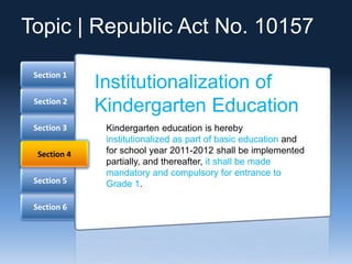 Section 6
Section 5
Section 3
Section 2
Section 1
Section 4
Institutionalization of
Kindergarten Education
Kindergarten education is hereby
institutionalized as part of basic education and
for school year 2011-2012 shall be implemented
partially, and thereafter, it shall be made
mandatory and compulsory for entrance to
Grade 1.
Topic | Republic Act No. 10157
 