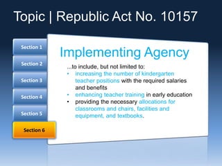 Section 5
Section 4
Section 3
Section 2
Section 1
Section 6
Implementing Agency
...to include, but not limited to:
• increasing the number of kindergarten
teacher positions with the required salaries
and benefits
• enhancing teacher training in early education
• providing the necessary allocations for
classrooms and chairs, facilities and
equipment, and textbooks.
Topic | Republic Act No. 10157
 
