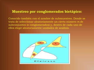 Conocido también con el nombre de submuestreo. Donde se
trata de seleccionar aleatoriamente un cierto número m de
subconjuntos (o conglomerados) y, dentro de cada uno de
ellos elegir aleatoriamente unidades de análisis.
 