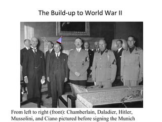 The Build-up to World War II

From left to right (front): Chamberlain, Daladier, Hitler,
Mussolini, and Ciano pictured before signing the Munich

 