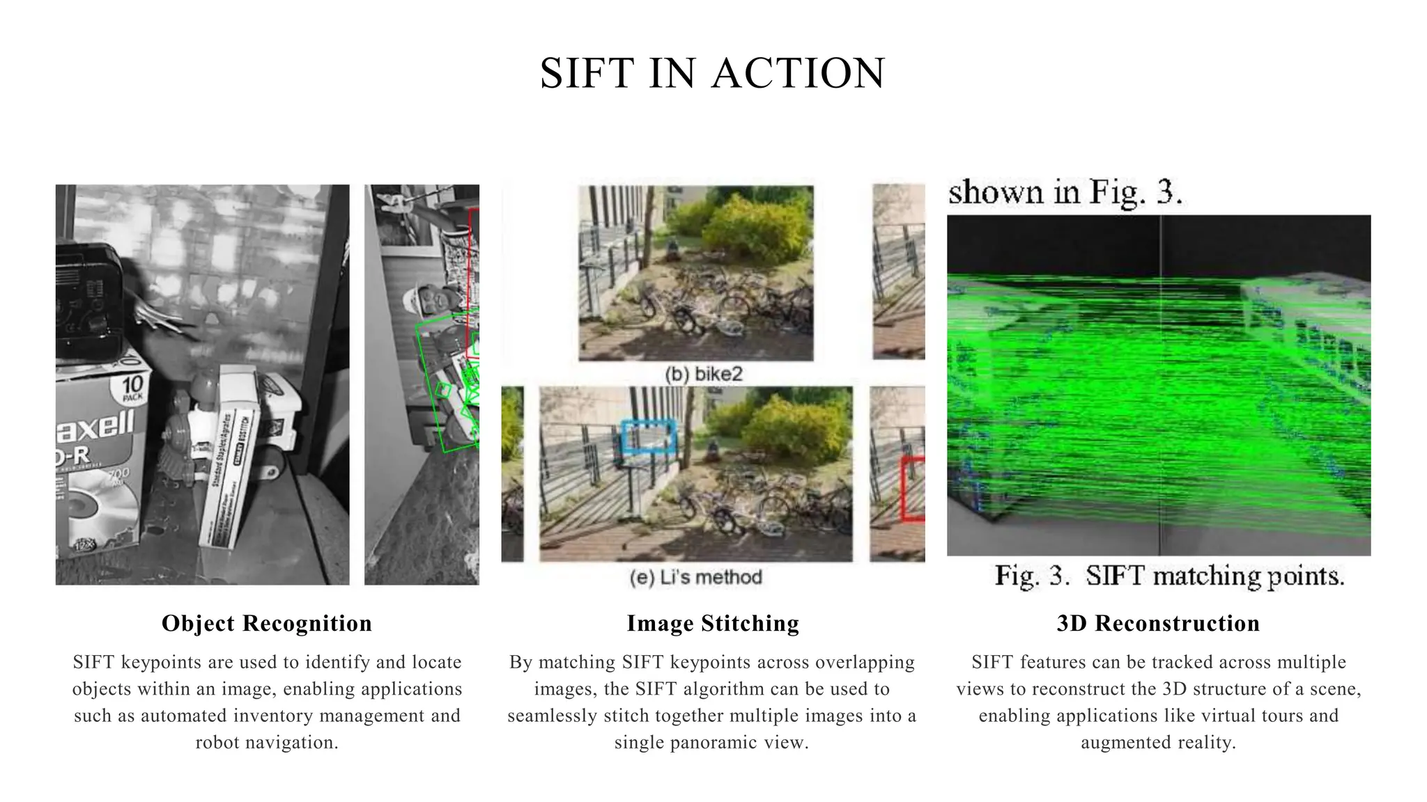 SIFT IN ACTION
Object Recognition Image Stitching 3D Reconstruction
 