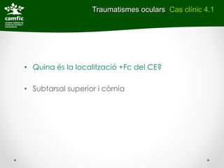 Traumatismes oculars Cas clínic 4.1




• Quina és la localització +Fc del CE?

• Subtarsal superior i còrnia
 