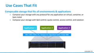 Application 1 Application 2 Application 3
NFS / CIFS / iSCSI / FC / Amazon S3 / OpenStack Swift / Cinder RBD
Use Cases That Fit
Composable storage that fits all environments & applications
 Compose your storage with any protocol for any application on virtual, container, or
bare metal
 Compose your storage with QoS control, quota control, access control, and isolation
 