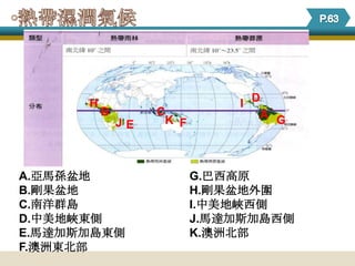 H                       I D
          B        C             A G
              JE    K F



A.亞馬孫盆地                   G.巴西高原
B.剛果盆地                    H.剛果盆地外圍
C.南洋群島                    I.中美地峽西側
D.中美地峽東側                  J.馬達加斯加島西側
E.馬達加斯加島東側                K.澳洲北部
F.澳洲東北部
 