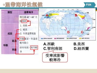 A            B




         D       C


A.西歐         B.美西
C.智利南部       D.紐西蘭
受寒流影響
 較寒冷
 
