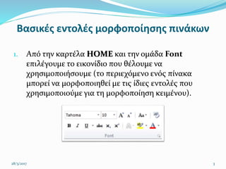 Βασικές εντολές μορφοποίησης πινάκων
1. Από την καρτέλα HOME και την ομάδα Font
επιλέγουμε το εικονίδιο που θέλουμε να
χρησιμοποιήσουμε (το περιεχόμενο ενός πίνακα
μπορεί να μορφοποιηθεί με τις ίδιες εντολές που
χρησιμοποιούμε για τη μορφοποίηση κειμένου).
28/3/2017 3
 