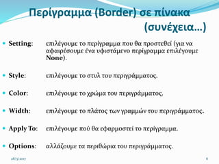 Περίγραμμα (Border) σε πίνακα
(συνέχεια…)
 Setting: επιλέγουμε το περίγραμμα που θα προστεθεί (για να
αφαιρέσουμε ένα υφιστάμενο περίγραμμα επιλέγουμε
None).
 Style: επιλέγουμε το στυλ του περιγράμματος.
 Color: επιλέγουμε το χρώμα του περιγράμματος.
 Width: επιλέγουμε το πλάτος των γραμμών του περιγράμματος.
 Apply To: επιλέγουμε πού θα εφαρμοστεί το περίγραμμα.
 Options: αλλάζουμε τα περιθώρια του περιγράμματος.
28/3/2017 6
 
