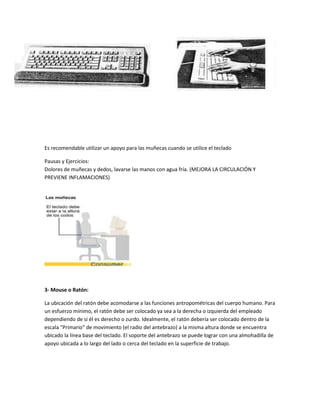 Es recomendable utilizar un apoyo para las muñecas cuando se utilice el teclado

Pausas y Ejercicios:
Dolores de muñecas y dedos, lavarse las manos con agua fría. (MEJORA LA CIRCULACIÓN Y
PREVIENE INFLAMACIONES)




3- Mouse o Ratón:

La ubicación del ratón debe acomodarse a las funciones antropométricas del cuerpo humano. Para
un esfuerzo mínimo, el ratón debe ser colocado ya sea a la derecha o izquierda del empleado
dependiendo de si él es derecho o zurdo. Idealmente, el ratón debería ser colocado dentro de la
escala "Primario" de movimiento (el radio del antebrazo) a la misma altura donde se encuentra
ubicado la línea base del teclado. El soporte del antebrazo se puede lograr con una almohadilla de
apoyo ubicada a lo largo del lado o cerca del teclado en la superficie de trabajo.
 