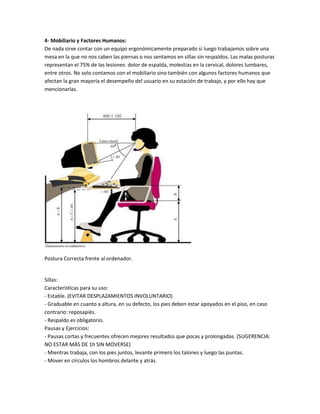 4- Mobiliario y Factores Humanos:
De nada sirve contar con un equipo ergonómicamente preparado si luego trabajamos sobre una
mesa en la que no nos caben las piernas o nos sentamos en sillas sin respaldos. Las malas posturas
representan el 75% de las lesiones: dolor de espalda, molestias en la cervical, dolores lumbares,
entre otros. No solo contamos con el mobiliario sino también con algunos factores humanos que
afectan la gran mayoría el desempeño del usuario en su estación de trabajo, y por ello hay que
mencionarlas.




Postura Correcta frente al ordenador.


Sillas:
Características para su uso:
- Estable. (EVITAR DESPLAZAMIENTOS INVOLUNTARIO)
- Graduable en cuanto a altura, en su defecto, los pies deben estar apoyados en el piso, en caso
contrario: reposapiés.
- Respaldo es obligatorio.
Pausas y Ejercicios:
- Pausas cortas y frecuentes ofrecen mejores resultados que pocas y prolongadas. (SUGERENCIA:
NO ESTAR MÁS DE 1h SIN MOVERSE)
- Mientras trabaja, con los pies juntos, levante primero los talones y luego las puntas.
- Mover en círculos los hombros delante y atrás.
 