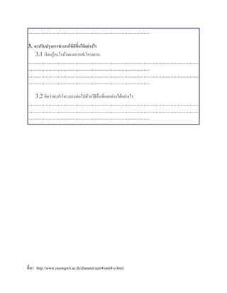 ..................................................................................

3. จะปรับปรุงการทางานให้ ดีขึนได้ อย่างไร
                                  ้
     3.1 เรี ยนรู ้อะไรบ้างจากการทาโครงงาน
...................................................................................................................
..................................................................................
...................................................................................................................
..................................................................................

     3.2 คิดว่าจะทาโครงงานต่อไปด้วยวิธีอื่นที่แตกต่างได้อย่างไร
...................................................................................................................
...................................................................................................................
..................................................................................




ที่มา http://www.rayongwit.ac.th/chanarat/unit4/unit4-o.html
 
