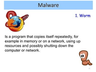 Malware
                                           1. Worm




Is a program that copies itself repeatedly, for
example in ...