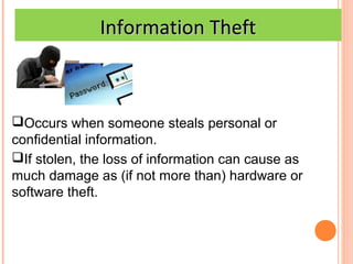 Information Theft



Occurs when someone steals personal or
confidential information.
If stolen, the loss of information...