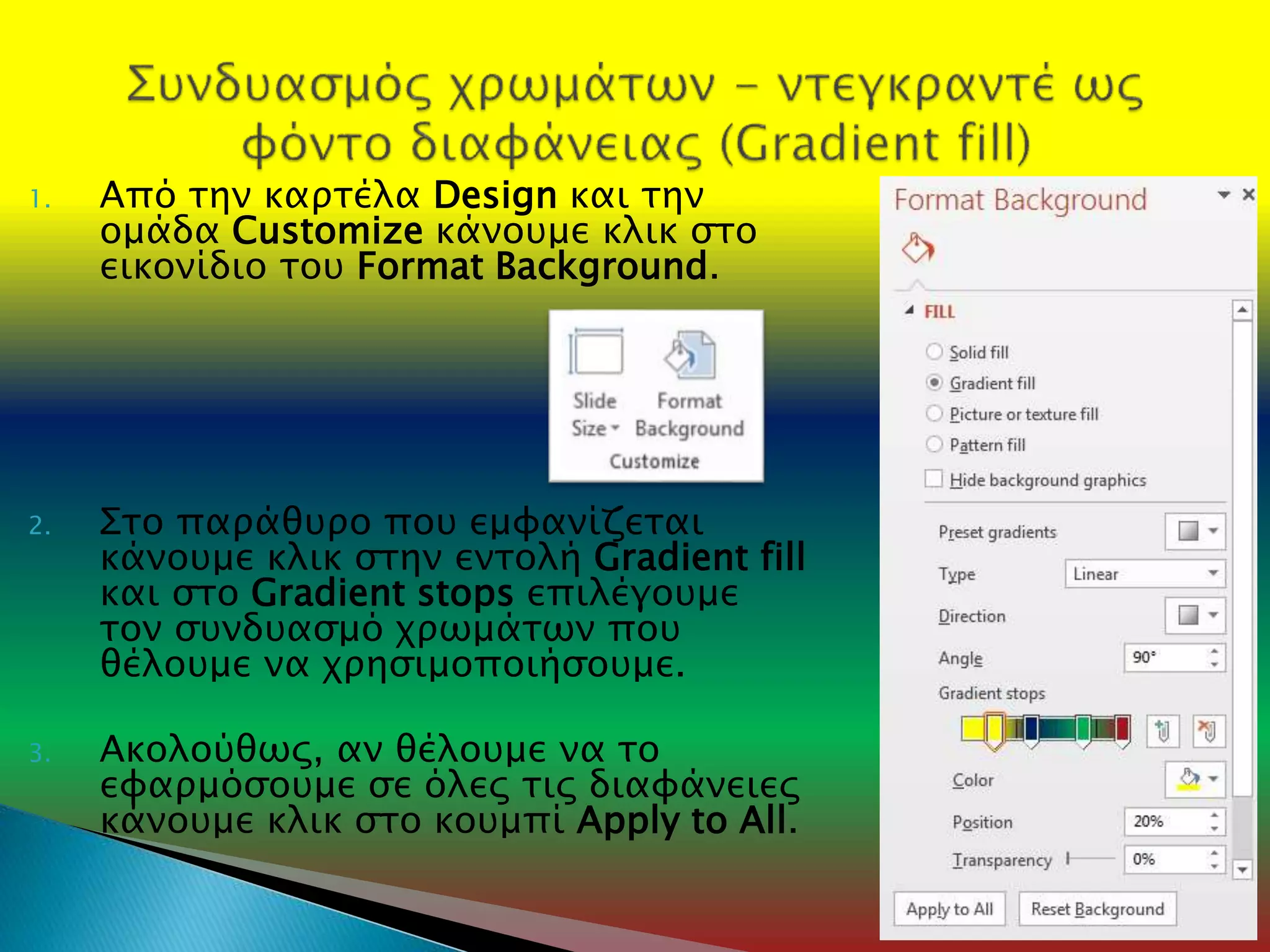 1. Από την καρτέλα Design και την
ομάδα Customize κάνουμε κλικ στο
εικονίδιο του Format Background.
2. Στο παράθυρο που εμφανίζεται
κάνουμε κλικ στην εντολή Gradient fill
και στο Gradient stops επιλέγουμε
τον συνδυασμό χρωμάτων που
θέλουμε να χρησιμοποιήσουμε.
3. Ακολούθως, αν θέλουμε να το
εφαρμόσουμε σε όλες τις διαφάνειες
κάνουμε κλικ στο κουμπί Apply to All.
20/3/2017 5
 