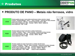 Produtos Produto padrão em peso J para metais não-ferrosos (cobre, alumínio, níquel). Costado – Poliéster/Algodão – Peso J  Grão e Camada –  Carbureto de silício, fechado Largura de produção – 1380 mm  Camada especial (top sized) - NÃO Prova d’água (waterproof) – NÃO  Formato – CINTA – ROLO – RODA PG  Grana disponível – P60 ~ P1000     Produto padrão em peso Y para ferro e metais não-ferrosos. Costado – Poliéster – Peso Y  Grão e Camada – Carbureto de silício, fechado Largura de produção – 1380 mm  Camada especial (top sized) - NÃO Prova d’água (waterproof) – SIM  Formato – CINTA – ROLO  Grana disponível – P16 ~ P1000 Produto padrão em peso X para ferro e metais não-ferrosos. Costado – Poliéster – Peso X  Grão e Camada – Carbureto de silício, fechado Largura de produção – 1380 mm  Camada especial (top sized) - NÃO Prova d’água (waterproof) – SIM  Formato – CINTA – ROLO  Grana disponível – P24 ~ P600  * preço é mais competitivo PRODUTO DE PANO –  Metais não ferrosos, vidro   JC122   PC221   XC227 