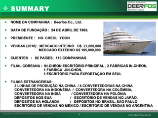 NOME DA COMPANHIA :  Deerfos  Co., Ltd. DATA DE FUNDAÇÃO :  24 DE ABRIL DE  1963. PRESIDENTE :  HO  CHEOL  YOON VENDAS (2010):  MERCADO INTERNO  U$  27,000,000  MERCADO EXTERNO U$ 105,000,000 CLIENTES  :  82 PAÍSES,  110 COMPANHIAS FILIAL COREANA :  IN-CHEON ESCRITÓRIO PRINCIPAL , 2 FÁBRICAS IN-CHEON,  1 FÁBRICA  JIN-CHON,  1 ESCRITÓRIO PARA EXPORTAÇÃO EM SEUL  FILIAIS ESTRANGEIRAS:  3 LINHAS DE PRODUÇÃO NA CHINA  / 4 CONVERTEDORAS NA CHINA CONVERTEDORA NA INDONÉSIA  /  CONVERTEDORA NA COLÔMBIA,  CONVERTEDORA NA INDIA  / CONVERTEDORA NA POLÕNIA DEPÓSITOS NOS EUA  /  ESCRITÓRIO DE VENDAS NO JAPÃO,  DEPÓSITOS NA HOLANDA  /  DEPÓSITOS NO BRASIL, SÃO PAULO ESCRITÓRIO DE VENDAS NO MÉXICO / ESCRITÓRIO DE VENDAS NO ARGENTINA SUMMARY 