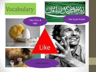 Vocabulary
        I like Chics &           I like Saudi Arabia
              eggs




                   Like
               I like fashion!
 