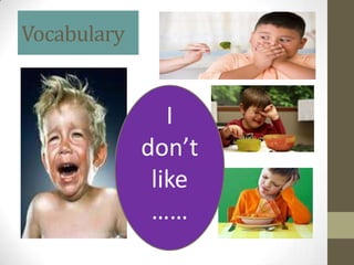 Vocabulary


                I
             don’t
              like
              ……
 