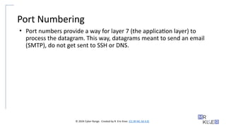 © 2024 Cyber Range. Created by R. Eric Kiser. (CC BY-NC-SA 4.0)
Port Numbering
• Port numbers provide a way for layer 7 (the application layer) to
process the datagram. This way, datagrams meant to send an email
(SMTP), do not get sent to SSH or DNS.
 