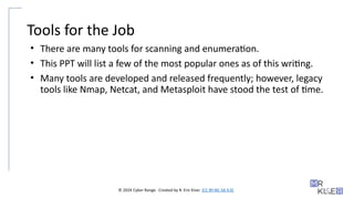 © 2024 Cyber Range. Created by R. Eric Kiser. (CC BY-NC-SA 4.0)
Tools for the Job
• There are many tools for scanning and enumeration.
• This PPT will list a few of the most popular ones as of this writing.
• Many tools are developed and released frequently; however, legacy
tools like Nmap, Netcat, and Metasploit have stood the test of time.
 