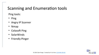 © 2024 Cyber Range. Created by R. Eric Kiser. (CC BY-NC-SA 4.0)
Scanning and Enumeration tools
Ping tools:
• Ping
• Angry IP Scanner
• Nmap
• Colasoft Ping
• SolarWinds
• Friendly Pinger
 