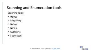 © 2024 Cyber Range. Created by R. Eric Kiser. (CC BY-NC-SA 4.0)
Scanning and Enumeration tools
Scanning Tools:
• Hping
• MegaPing
• Netcat
• Nmap
• CurrPorts
• SuperScan
 