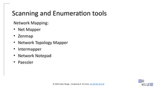 © 2024 Cyber Range. Created by R. Eric Kiser. (CC BY-NC-SA 4.0)
Scanning and Enumeration tools
Network Mapping:
• Net Mapper
• Zenmap
• Network Topology Mapper
• Intermapper
• Network Notepad
• Paessler
 