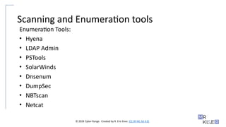 © 2024 Cyber Range. Created by R. Eric Kiser. (CC BY-NC-SA 4.0)
Scanning and Enumeration tools
Enumeration Tools:
• Hyena
• LDAP Admin
• PSTools
• SolarWinds
• Dnsenum
• DumpSec
• NBTscan
• Netcat
 