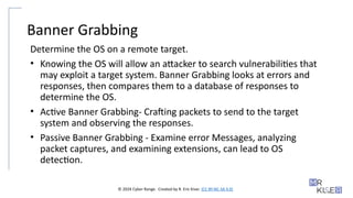 © 2024 Cyber Range. Created by R. Eric Kiser. (CC BY-NC-SA 4.0)
Banner Grabbing
Determine the OS on a remote target.
• Knowing the OS will allow an attacker to search vulnerabilities that
may exploit a target system. Banner Grabbing looks at errors and
responses, then compares them to a database of responses to
determine the OS.
• Active Banner Grabbing- Crafting packets to send to the target
system and observing the responses.
• Passive Banner Grabbing - Examine error Messages, analyzing
packet captures, and examining extensions, can lead to OS
detection.
 