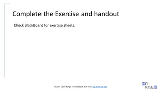 © 2024 Cyber Range. Created by R. Eric Kiser. (CC BY-NC-SA 4.0)
Complete the Exercise and handout
Check BlackBoard for exercise sheets.
 