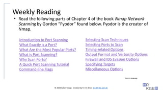 © 2024 Cyber Range. Created by R. Eric Kiser. (CC BY-NC-SA 4.0)
Weekly Reading
• Read the following parts of Chapter 4 of the book Nmap Network
Scanning by Gordon “Fyodor” found below. Fyodor is the creator of
Nmap.
Source: nmap.org
Introduction to Port Scanning
What Exactly is a Port?
What Are the Most Popular Ports?
What is Port Scanning?
Why Scan Ports?
A Quick Port Scanning Tutorial
Command-line Flags
Selecting Scan Techniques
Selecting Ports to Scan
Timing-related Options
Output Format and Verbosity Options
Firewall and IDS Evasion Options
Specifying Targets
Miscellaneous Options
 