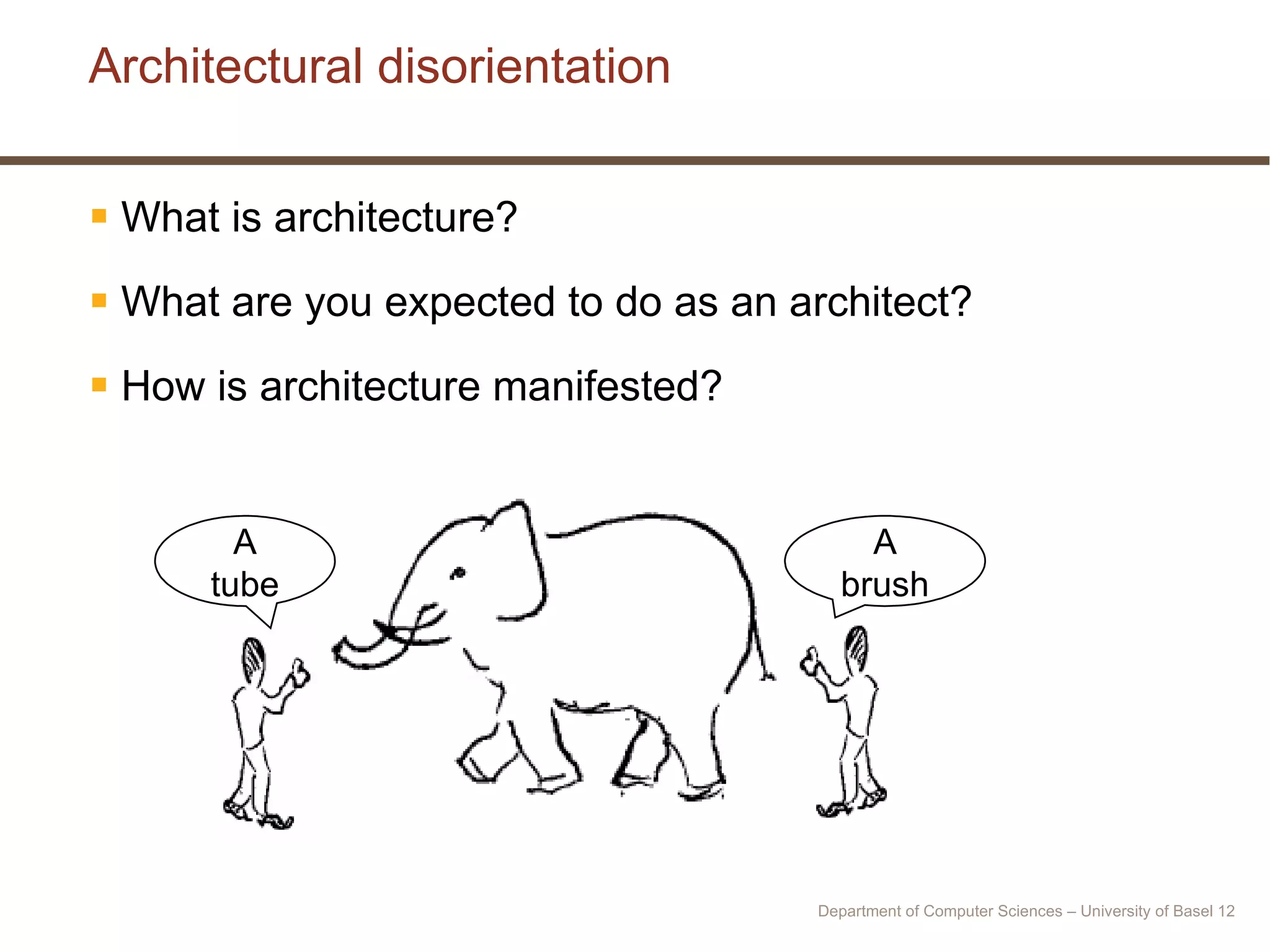 Architectural disorientation What is architecture? What are you expected to do as an architect? How is architecture manifested? A tube A brush Department of Computer Sciences – University of Basel  