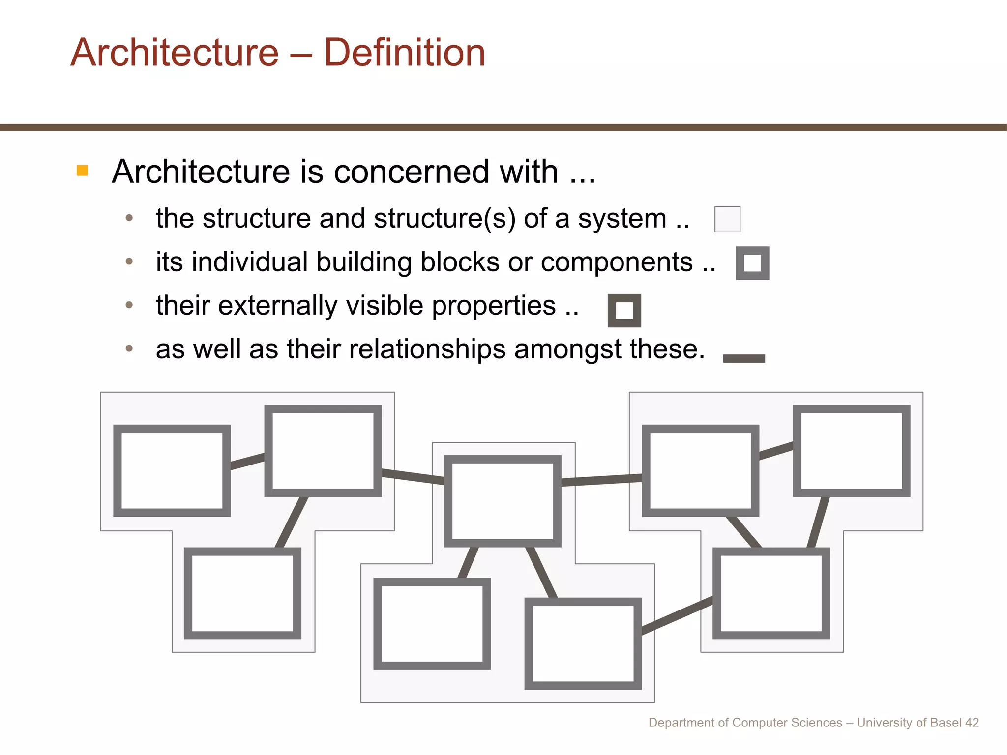 Architecture – Definition Architecture is concerned with ... the structure and structure(s) of a system .. its individual building blocks or components .. their externally visible properties .. as well as their relationships amongst these. Department of Computer Sciences – University of Basel  