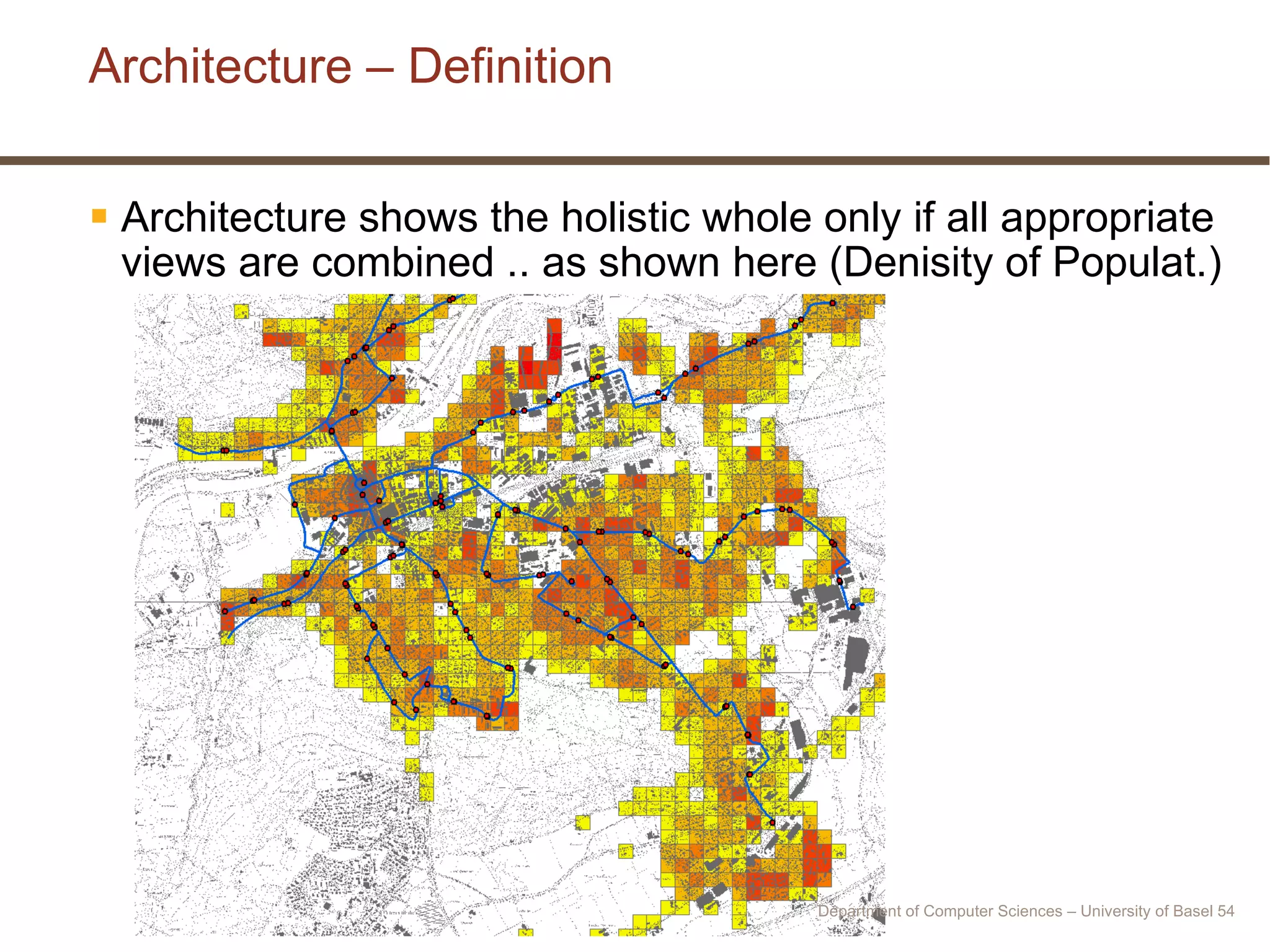 Architecture – Definition Architecture shows the holistic whole only if all appropriate views are combined .. as shown here (Denisity of Populat.) Department of Computer Sciences – University of Basel  