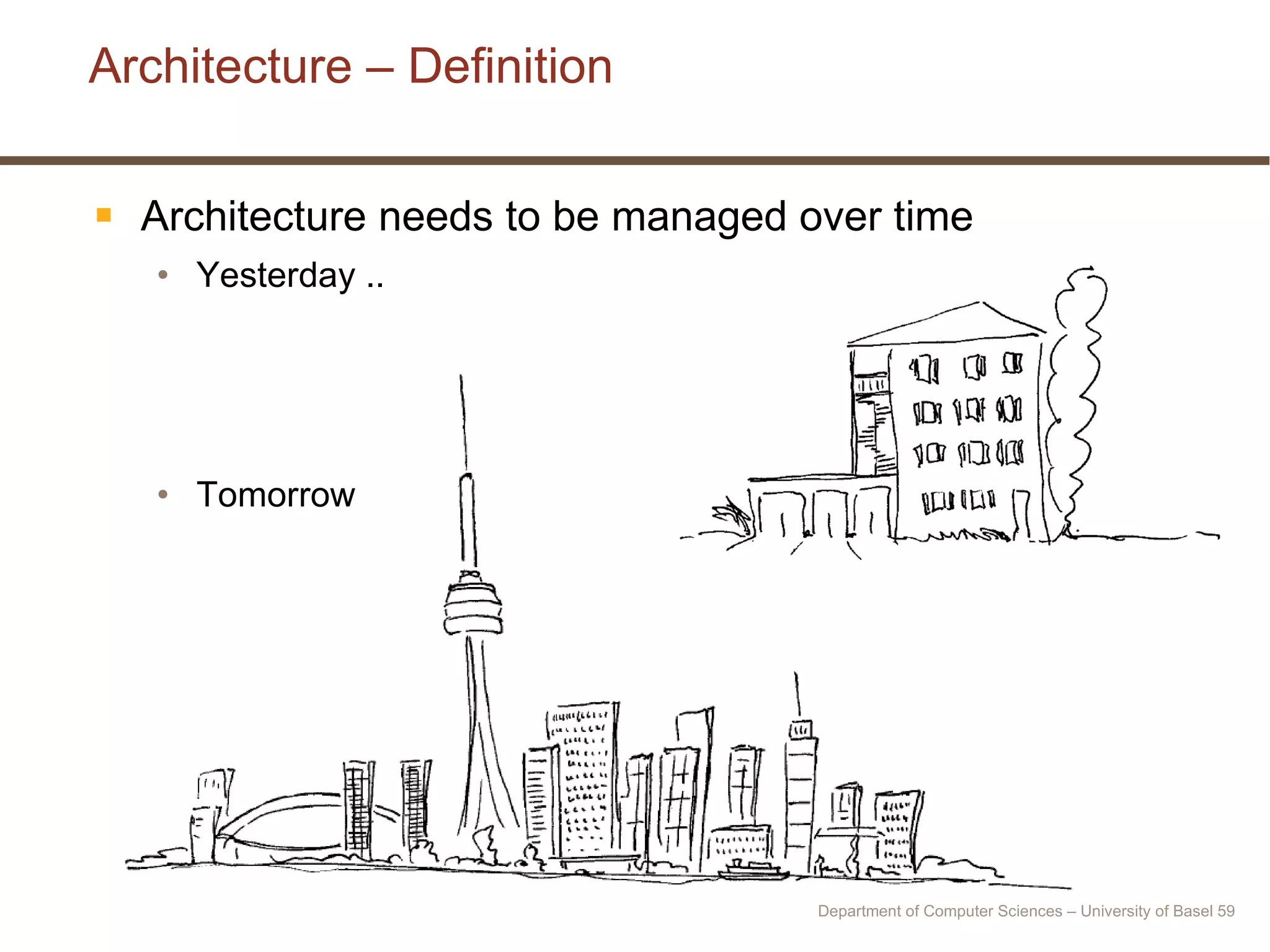 Architecture – Definition Architecture needs to be managed over time Yesterday .. Tomorrow Department of Computer Sciences – University of Basel  