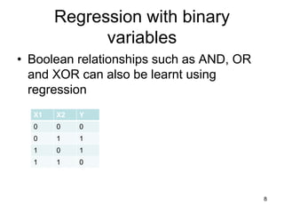 Regression with binary
variables
• Boolean relationships such as AND, OR
and XOR can also be learnt using
regression
8
X1 X2 Y
0 0 0
0 1 1
1 0 1
1 1 0
 