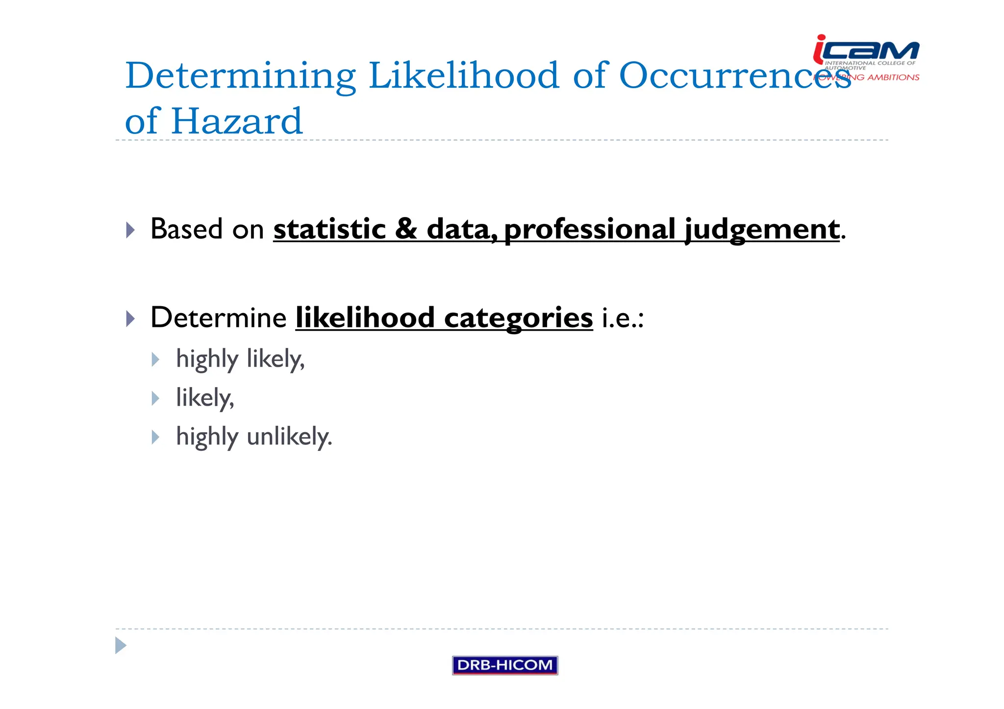 Based on statistic  data, professional judgement.
 Determine likelihood categories i.e.:
 highly likely,
 likely,
 highly unlikely.
Determining Likelihood of Occurrences
of Hazard
 
